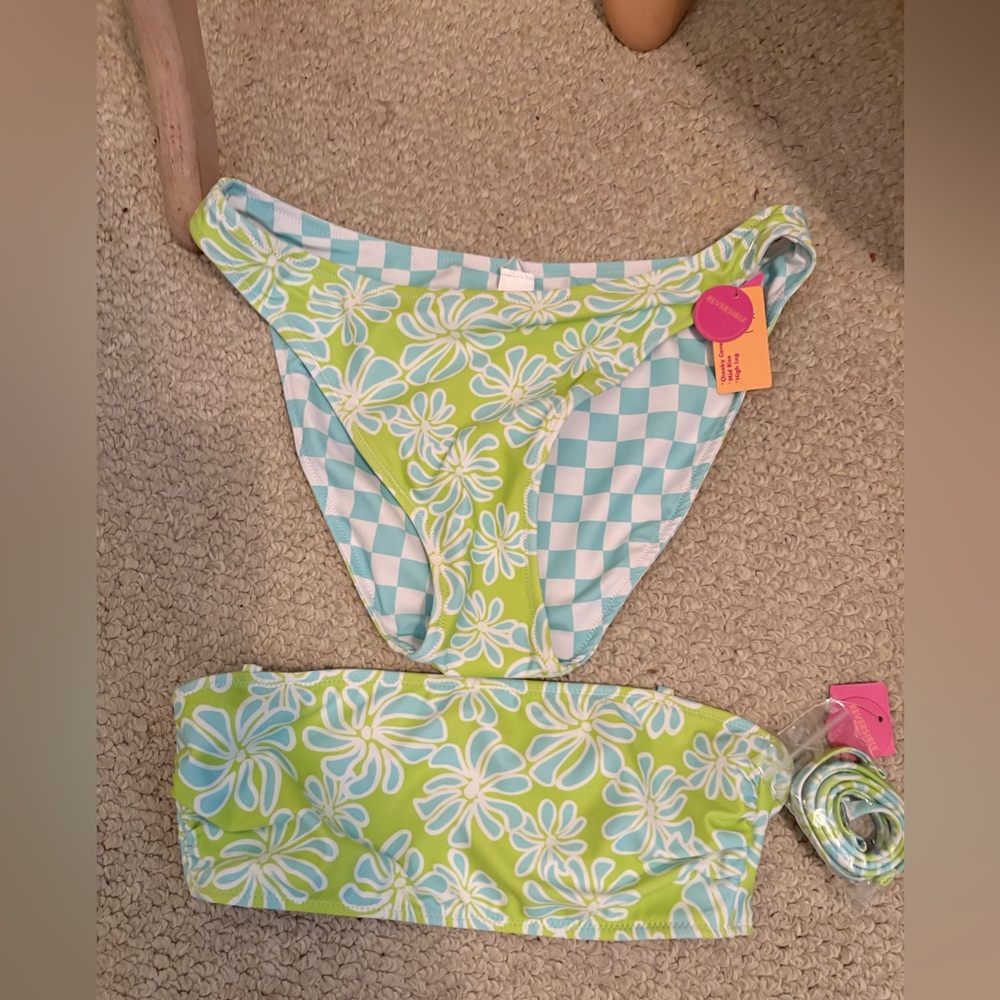 Ninety Floral Green and Blue women’s reversible Swimwear bikini top S /bottom M